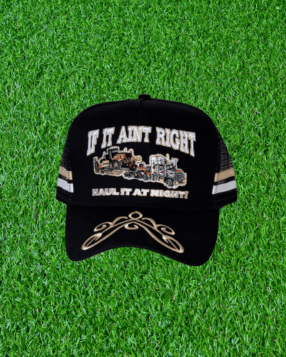 High quality photo of a custom trucker cap with embroidered front logo, curved brim, and breathable mesh back, shown on a plain background.