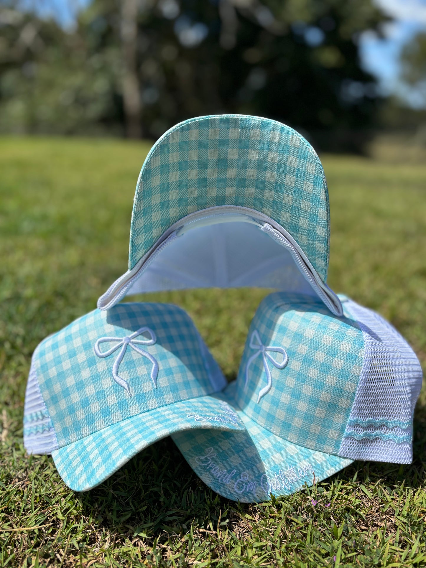 Brand Em Bow Trucker Hat - (Blue Gingham)