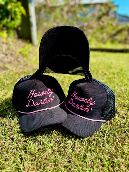 Howdy Darling Corduroy Trucker Hat (Black)