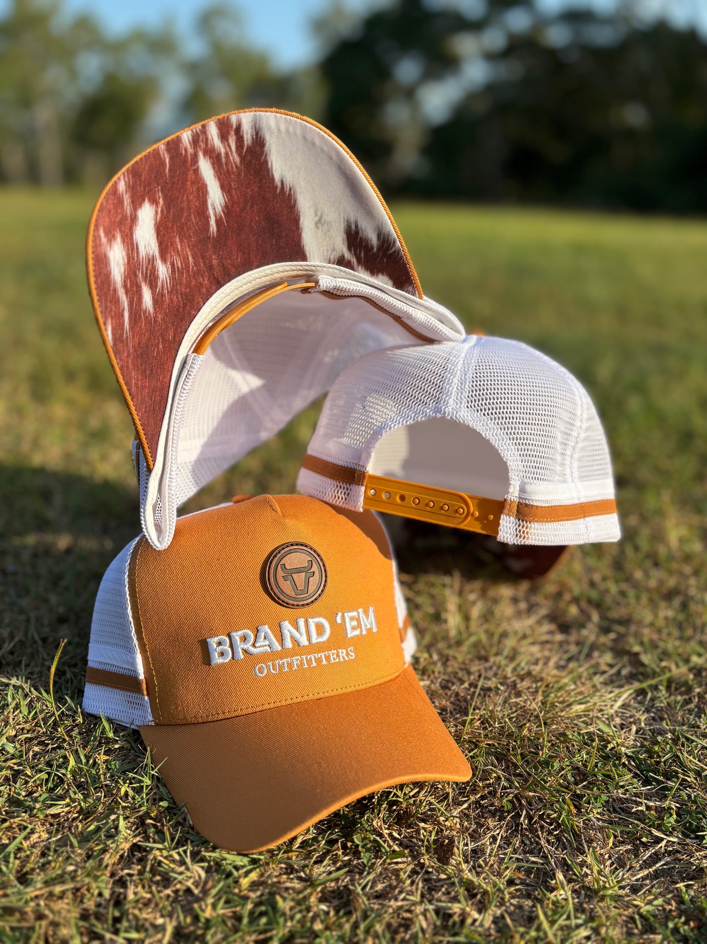 Brand Em Tan & Cow Hide Trucker Hat