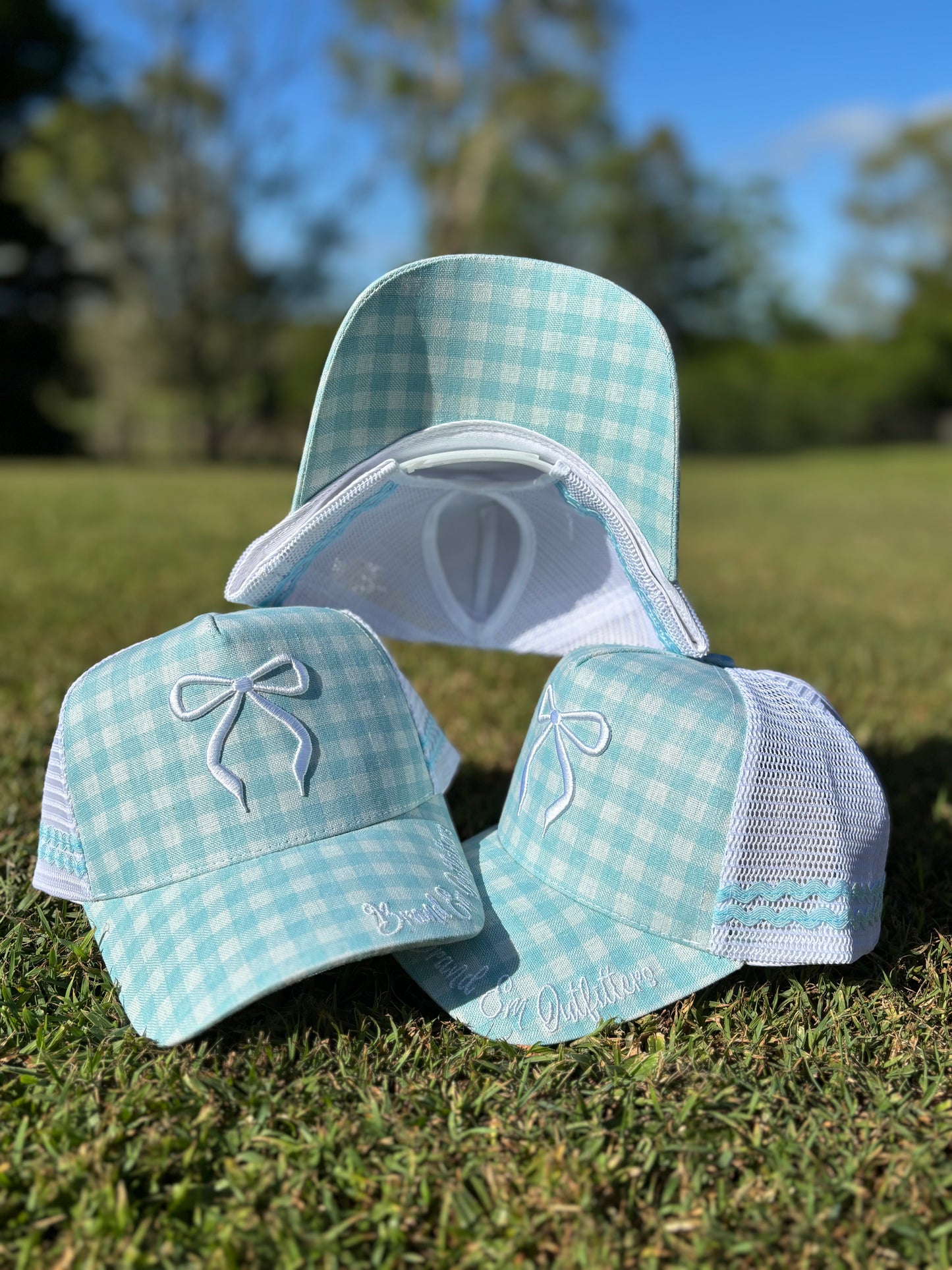 Brand Em Bow KIDS Trucker Hat - (Blue Gingham)