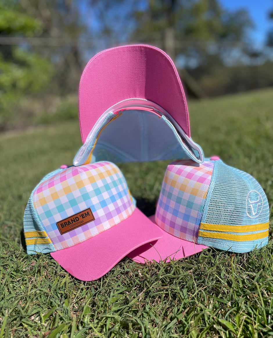 Light Blue Bow Gingham Checkered Trucker Sun Hat main image 1