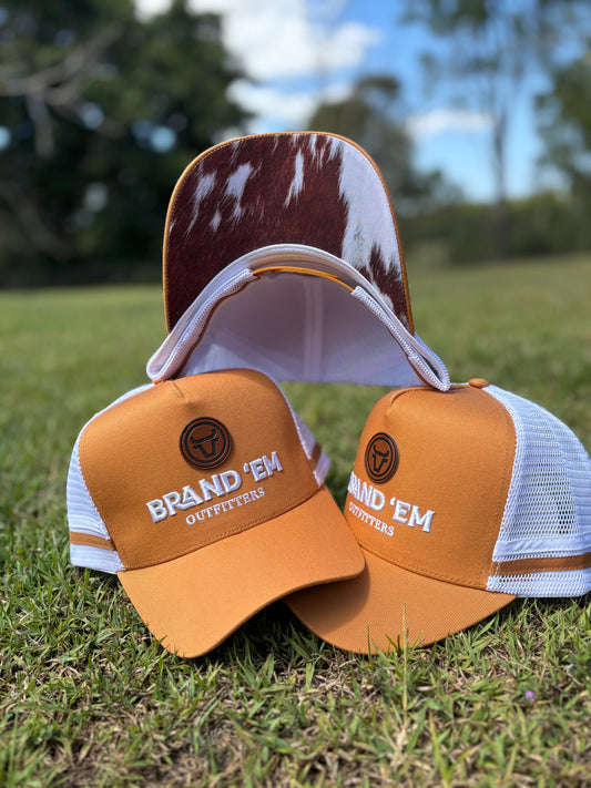 Brand Em Tan & Cow Hide Trucker Hat