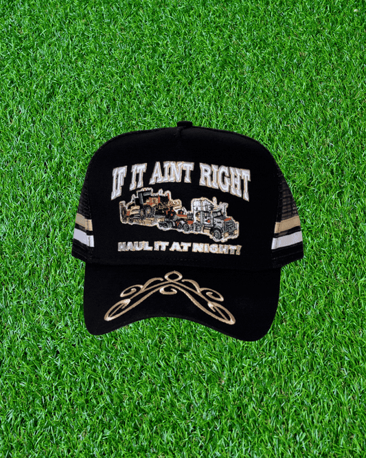 High quality photo of a custom trucker cap with embroidered front logo, curved brim, and breathable mesh back, shown on a plain background.